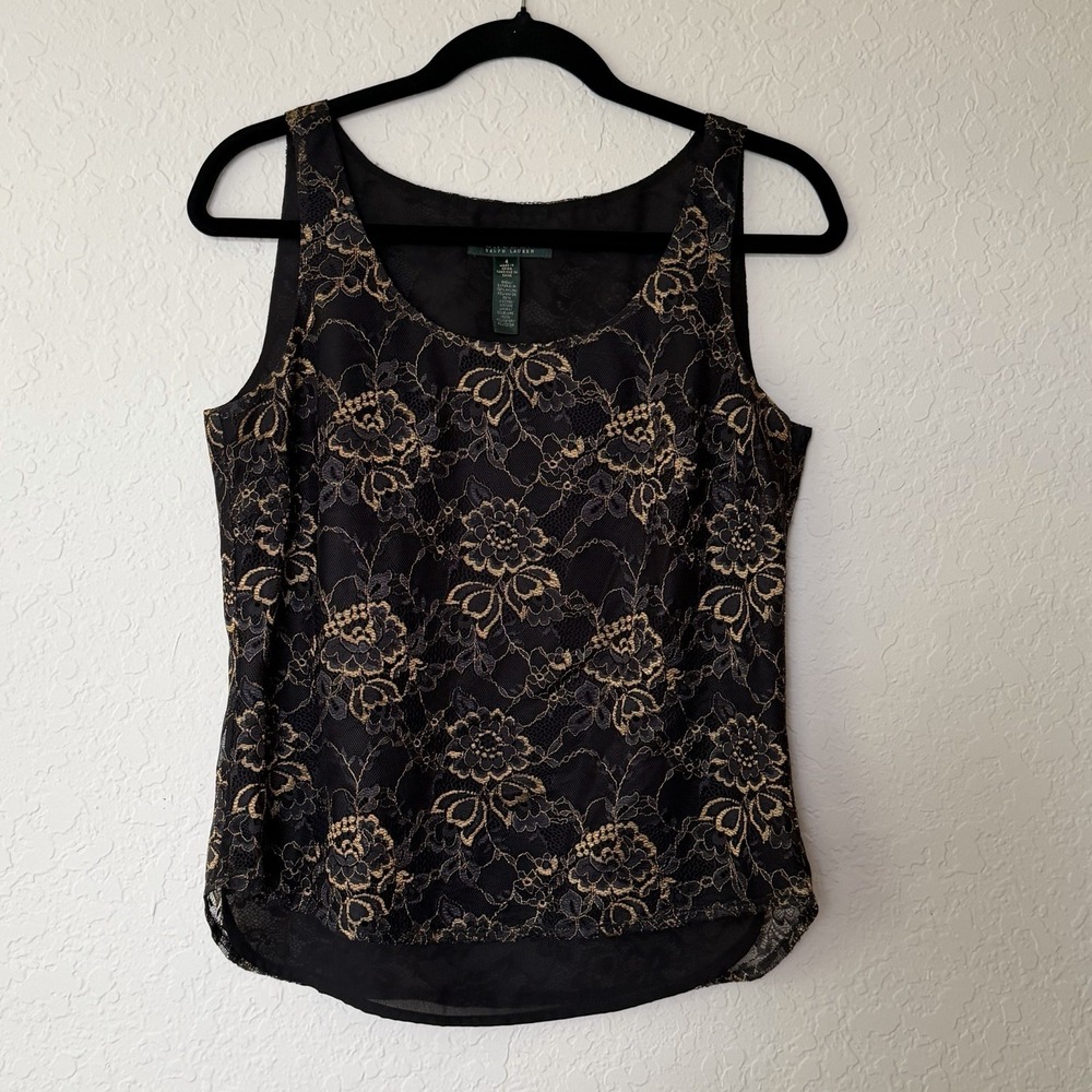 Vintage Ralph Lauren Y2K Lace Tank Top Sz 4 Fairy Grunge Black‎ Gold Whimsigoth